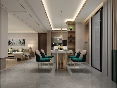 Modern Dining and Living Room Interior Design With Green Chairs Dining Table And Sofa 3d model