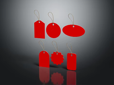 Set Of Red Price Tags With Various Shapes And Hanging Strings 3d model