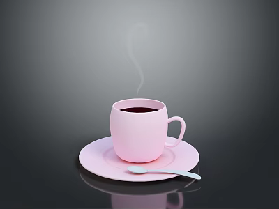 Pink Ceramic Cup With Saucer Spoon And Steam From Hot Dark Liquid 3d model