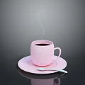 Pink Ceramic Cup With Saucer Spoon And Steam From Hot Dark Liquid