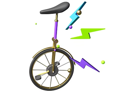 Playful Unicycle With Colorful Lightning Bolts And Floating Small Dots Design 3d model
