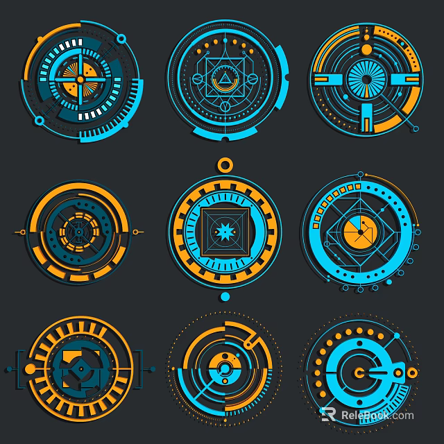 Tech Style Circular Interface Elements With Blue Orange Geometric And Mechanical Design 3d model