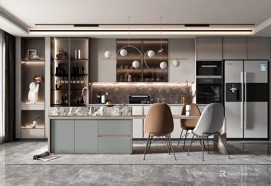 Modern Kitchen Interior With Marble Island Countertop Pendant Lights And Cabinets 3d model 