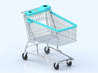 Blue Handle Shopping Cart With Silver Metal Frame And Black Wheels 3d model