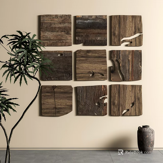 Wooden Wall Decor On Beige Wall With Plant And Vase 3d model 