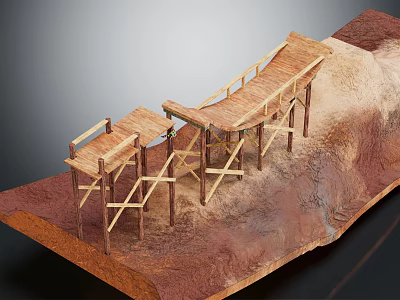 Wooden Boardwalk Structure On Red Terrain With Railings And Support Beams 3d model