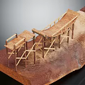 Wooden Boardwalk Structure On Red Terrain With Railings And Support Beams