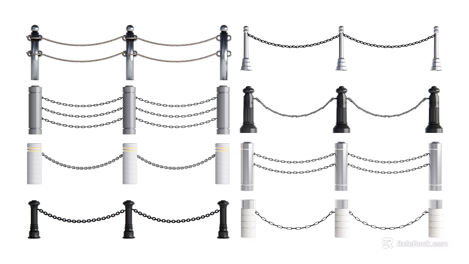 Different Design Chain Link Fences With Black White Gray Posts 3d model