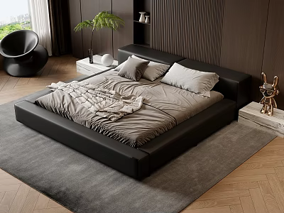 Modern Bedroom Interior With Black Leather Bed Gray Bedding Potted Plant And Wooden Floor 3d model