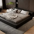 Modern Bedroom Interior With Black Leather Bed Gray Bedding Potted Plant And Wooden Floor