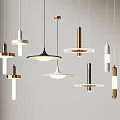 Modern Pendant Lights Featuring Different Designs Metallic Finishes Black White Gold Hanging Against Neutral Background