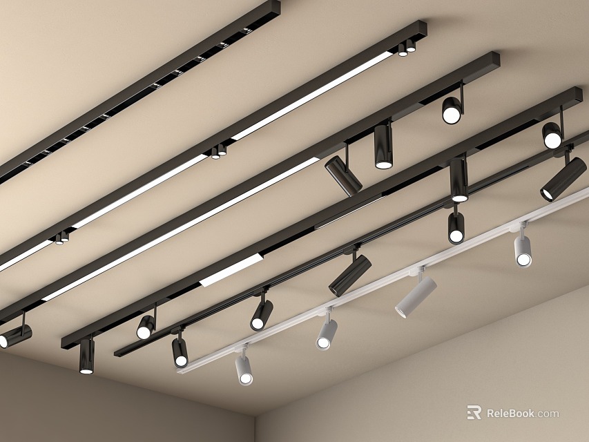 Modern Home Interior Ceiling Track Lighting With Black Rails And Adjustable Downlights Spotlights 3d model 