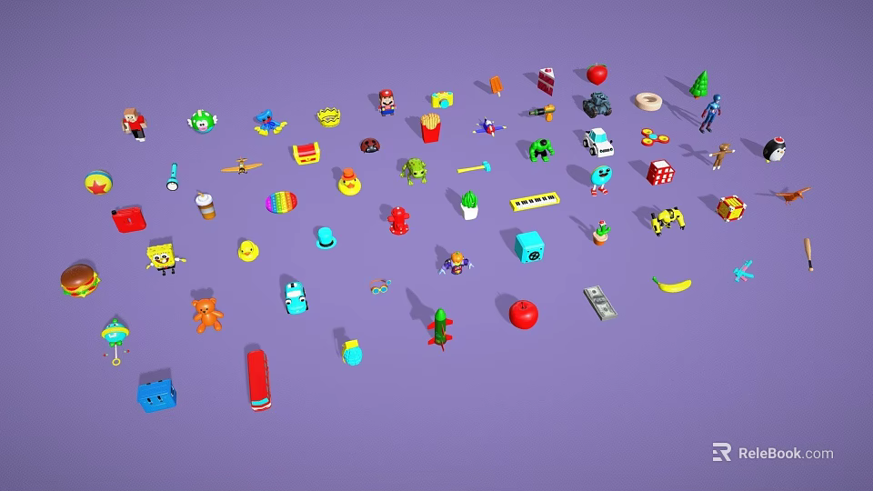 Vibrant Colorful Miniature Toys Scattered On Purple Background 3d model 