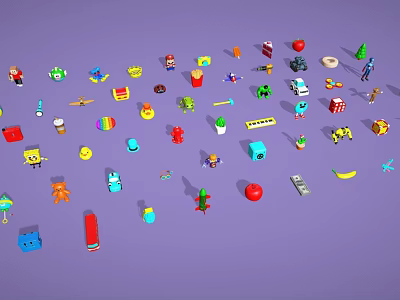 Vibrant Colorful Miniature Toys Scattered On Purple Background 3d model