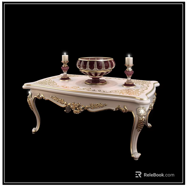 Ornate White And Gold Dining Table With Carved Legs Decorative Bowl And Candles 3d model 