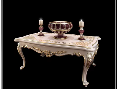 Ornate White And Gold Dining Table With Carved Legs Decorative Bowl And Candles 3d model