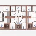 Chinese Style Wooden Curio Shelf With Blue And White Vases And Decorative Ornaments