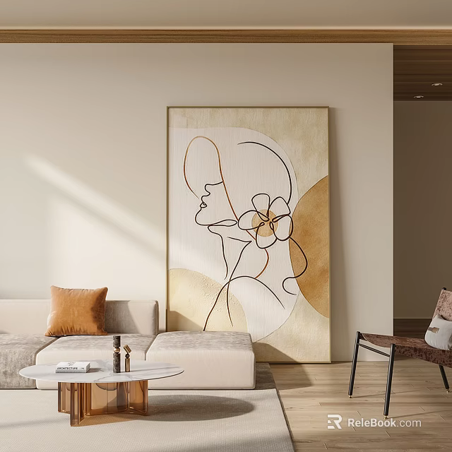 Elegant Modern Living Room With Abstract Line Art Painting Neutral Tones Sofa And Coffee Table 3d model 