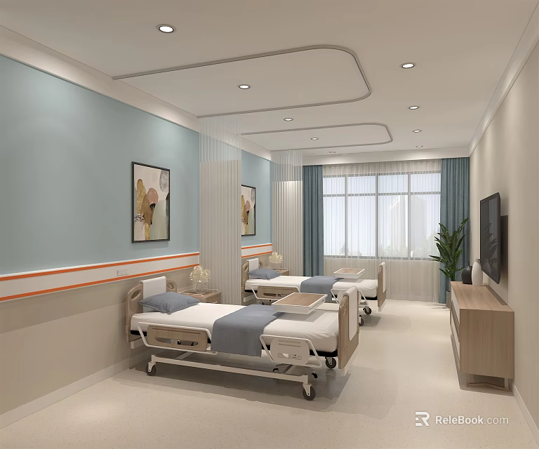 Spacious Hospital Ward Interior With Two Beds Light Blue Walls Paintings And TV 3d model 