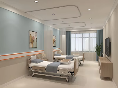 Spacious Hospital Ward Interior With Two Beds Light Blue Walls Paintings And TV 3d model
