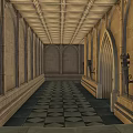 Ancient Architecture Interior With Arched Wooden Door Stone Walls Ornate Ceiling And Geometric Tiles