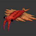Vibrant Red Fantasy Shrimp with Black Eyes and Feathered Appendages 3D Render