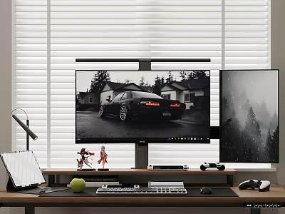 Modern Workstation Setup With Dual Monitors Lamp Keyboard And Desk Accessories 3d model