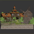 Cartoon Scene with red roofed houses windmill small pavilion green trees and grassland