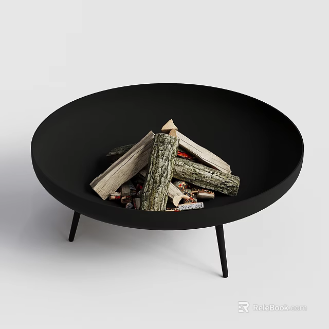 Modern Black Round Fire Pit With Stacked Firewood And Thin Legs 3d model 