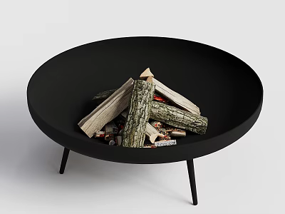 Modern Black Round Fire Pit With Stacked Firewood And Thin Legs 3d model