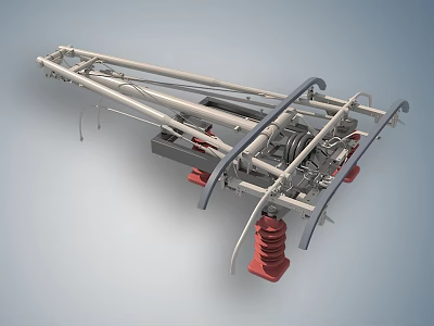 Heavy Duty Industrial Equipment Featuring Metal Frame Pipes And Red Mechanical Components 3d model