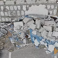 Construction Debris With Rubble Bricks And Blue Plastic Sheets Against Damaged Brick Wall 3d model