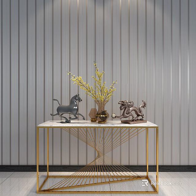 Console Table With Marble Top Golden Legs And Decorative Sculptures Yellow Branches Gray Striped Wall 3d model 