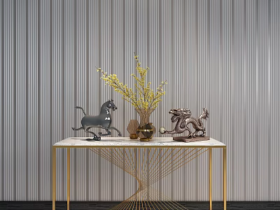 Console Table With Marble Top Golden Legs And Decorative Sculptures Yellow Branches Gray Striped Wall 3d model
