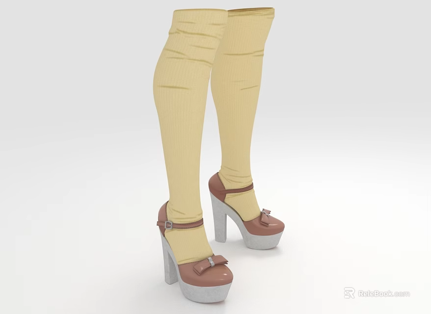 Women's High Heel Shoes with Knee High Beige Socks Brown Upper Block Heel Buckle Straps 3d model 