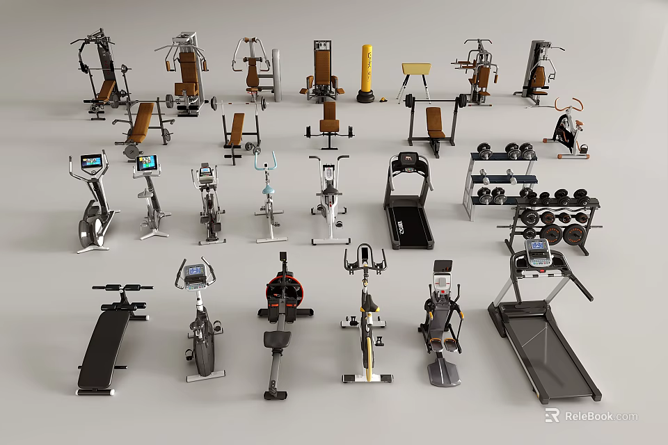 Diverse Sports Equipment Collection Featuring Treadmills Exercise Bikes Dumbbell Racks and Fitness Machines 3d model 