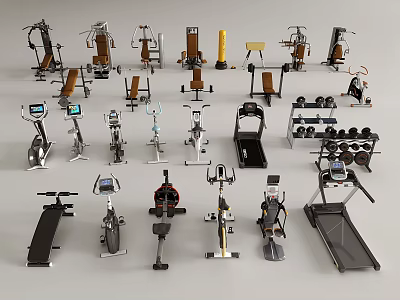 Diverse Sports Equipment Collection Featuring Treadmills Exercise Bikes Dumbbell Racks and Fitness Machines 3d model