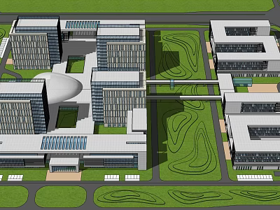 Modern Office Building Campus With Multiple Connected Structures And Green Landscaping 3d model