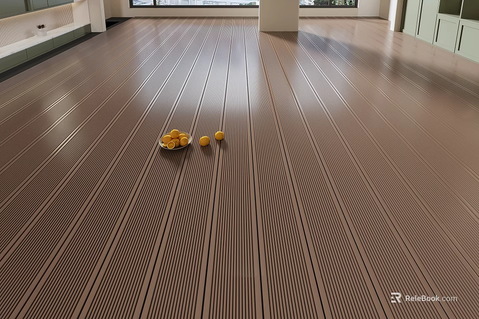 Brown Striped Wooden Flooring With Yellow Decor In Spacious Room 3d model 