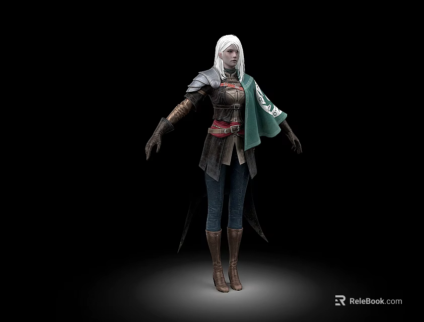 Woman With White Hair Green Cape And Armored Clothing Standing In Dark Background Pose 3d model 