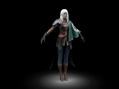 Woman With White Hair Green Cape And Armored Clothing Standing In Dark Background Pose 3d model