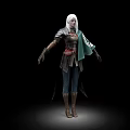 Woman With White Hair Green Cape And Armored Clothing Standing In Dark Background Pose