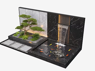 Decorative Water Fountain With Flowing Water Stones And Green Plants In Miniature Landscape 3d model