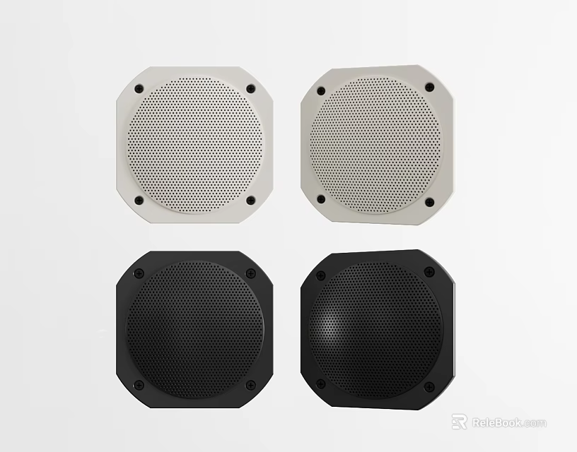 Square White And Black Audio Speakers With Mesh Front Panel And Four Corner Design 3d model 