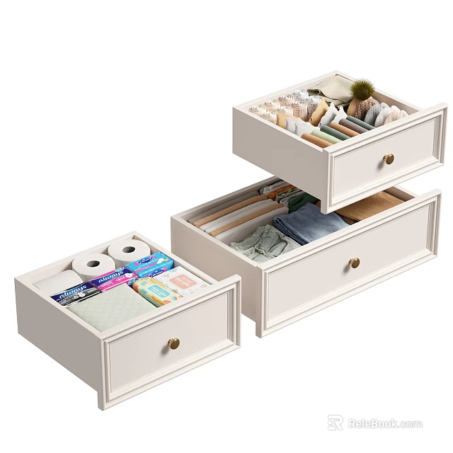 White Drawer Storage Baskets With Organizing Home Essentials And Daily Items 3d model