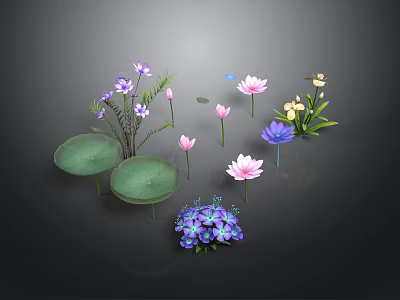 Vibrant Water Plants Featuring Pink Purple Lotus Yellow Flowers Green Leaves And Hydrangea 3d model