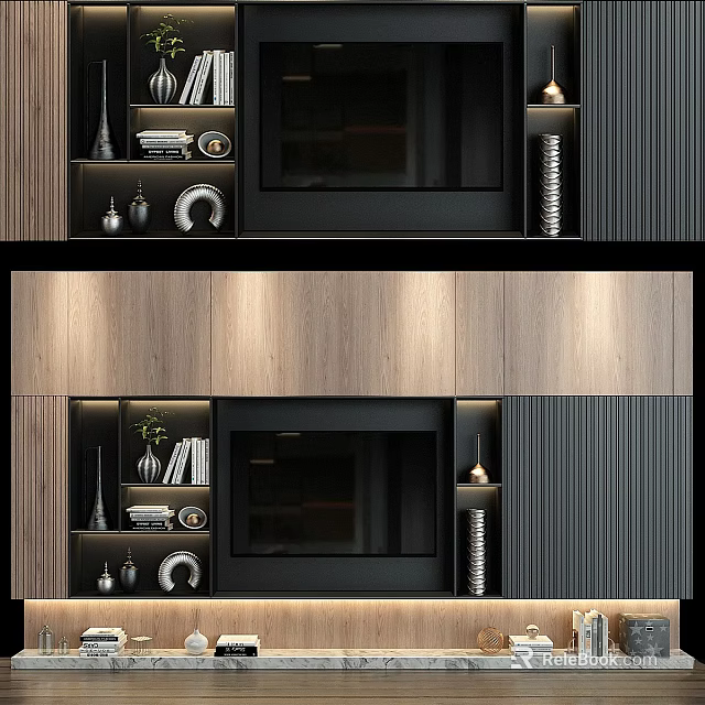 Modern TV Wall Design With Wooden Panels Built In TV And Decorative Shelves 3d model 