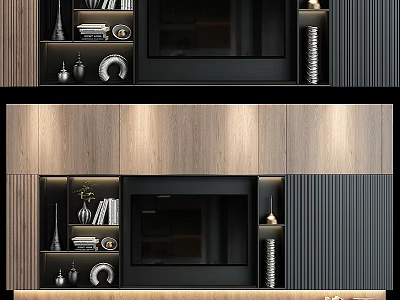 Modern TV Wall Design With Wooden Panels Built In TV And Decorative Shelves 3d model