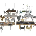Multiple Modern Dining Table Sets With Mixed Color Chairs Hanging Lights And Table Decor 3d model