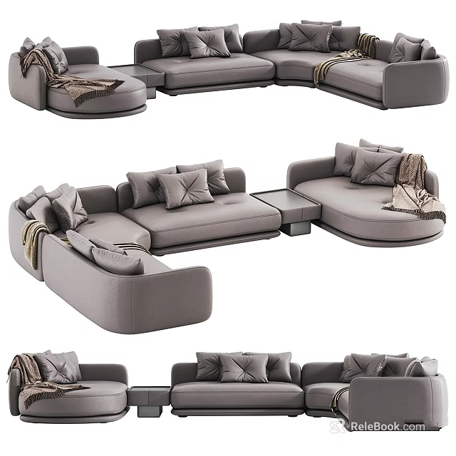 Modern Grey Sectional Sofa Interior Design With Cozy Cushions And Throw Blanket 3d model 